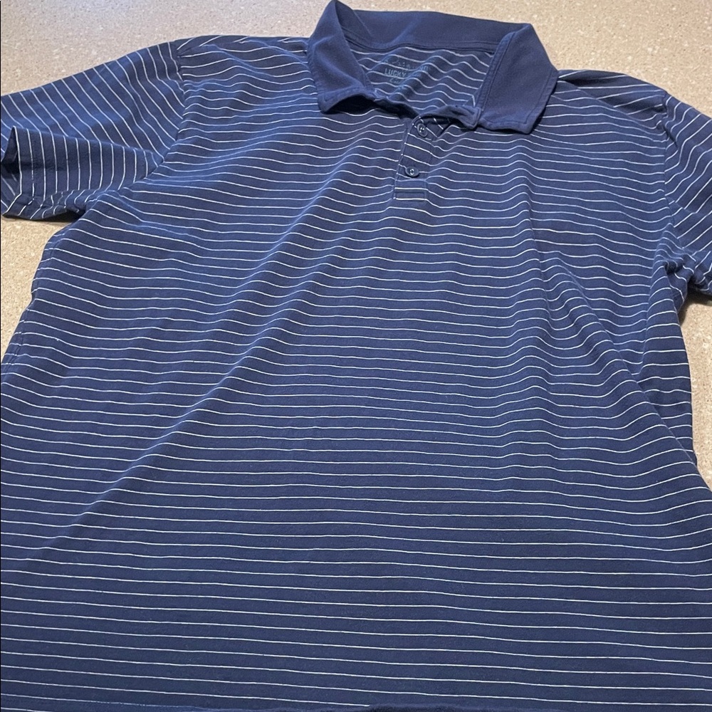 Lucky Brand Navy Polo with Thin White Stripes